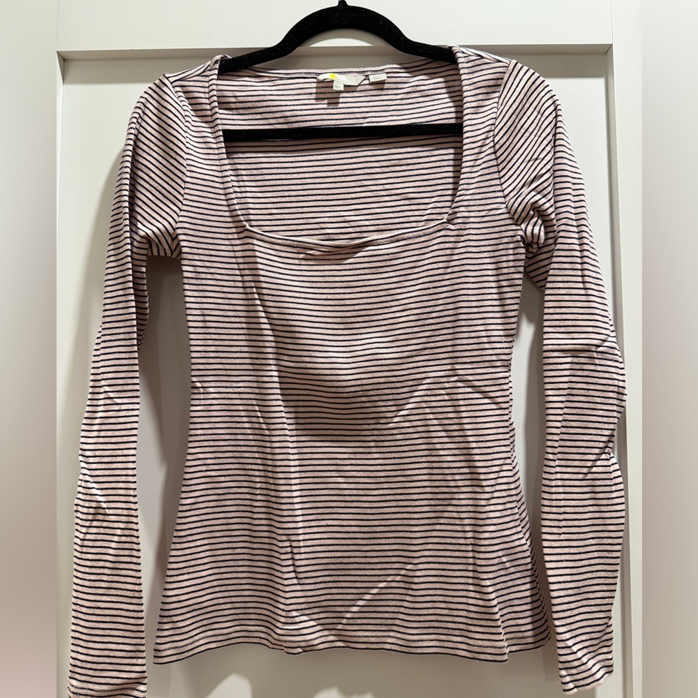 Boden Blush & Navy Striped Sparkle Square Neck Long Sleeve Top